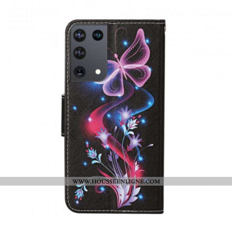 Housse Samsung Galaxy S21 Ultra 5G Papillons et Lanière