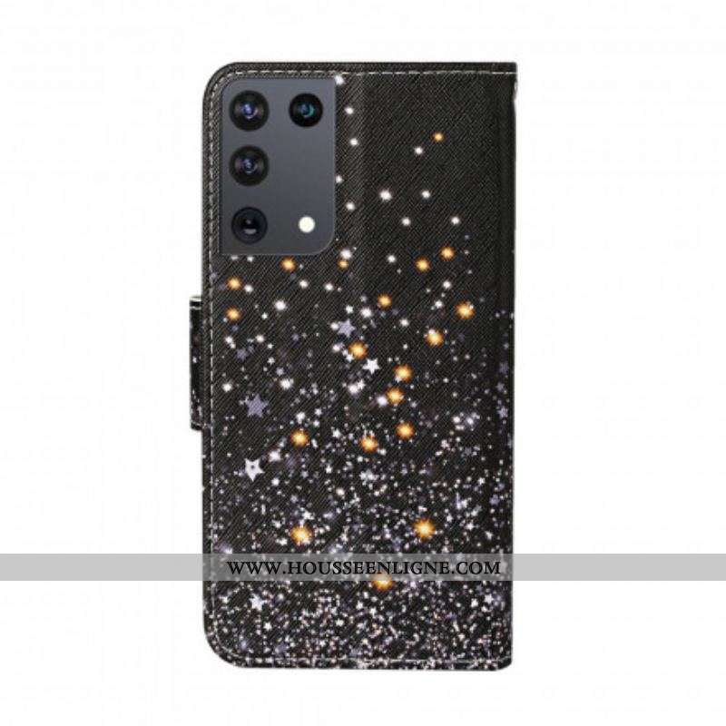 Housse Samsung Galaxy S21 Ultra 5G Étoiles et Paillettes avec Lanière
