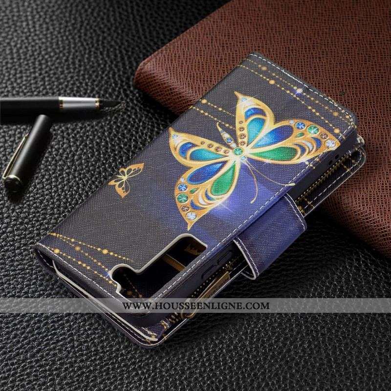 Housse Samsung Galaxy S22 5G Poche Zippée Papillons