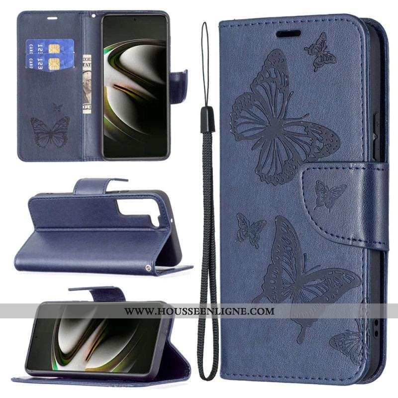 Housse Samsung Galaxy S22 Plus 5G Les Papillons en Vol avec Lanière