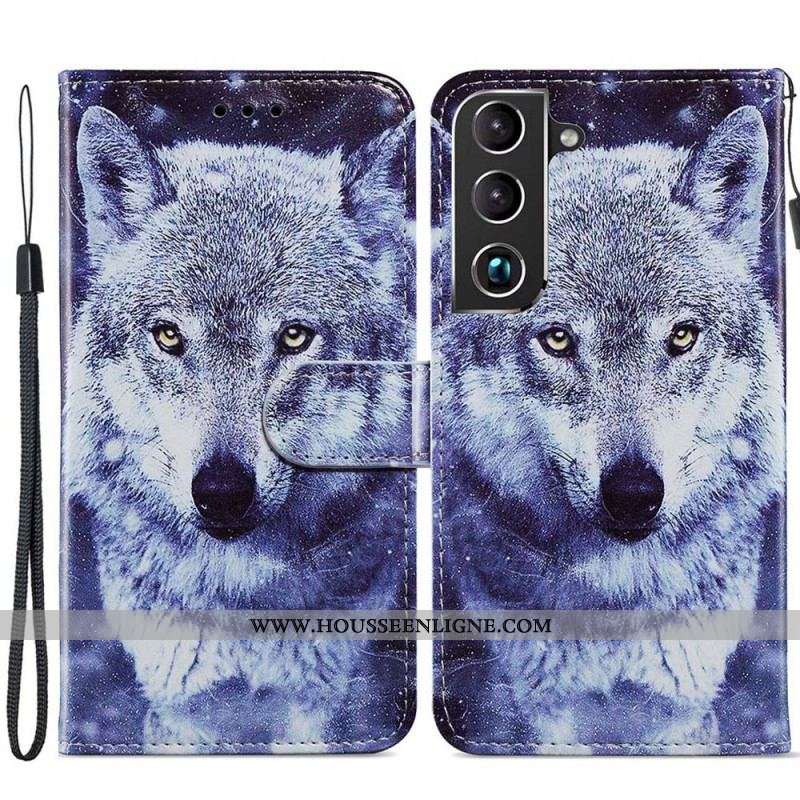 Housse Samsung Galaxy S22 Plus 5G Magnifiques Loups avec Lanière
