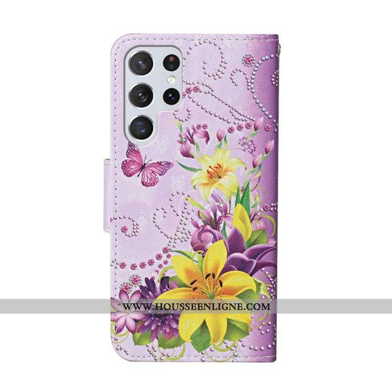 Housse Samsung Galaxy S22 Ultra 5G Fleurs Magistrales avec Lanière