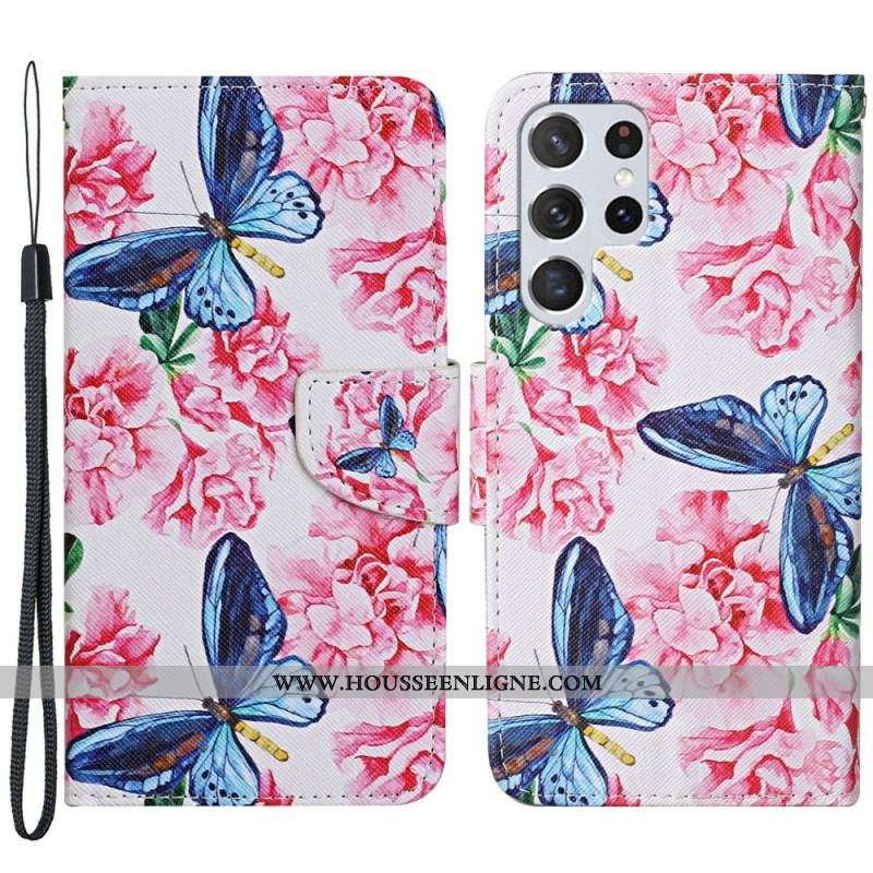 Housse Samsung Galaxy S22 Ultra 5G Papillons Floraux Lanière