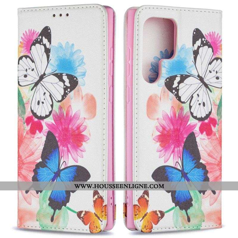 Housse Samsung Galaxy S22 Ultra 5G Papillons et Fleurs Peints