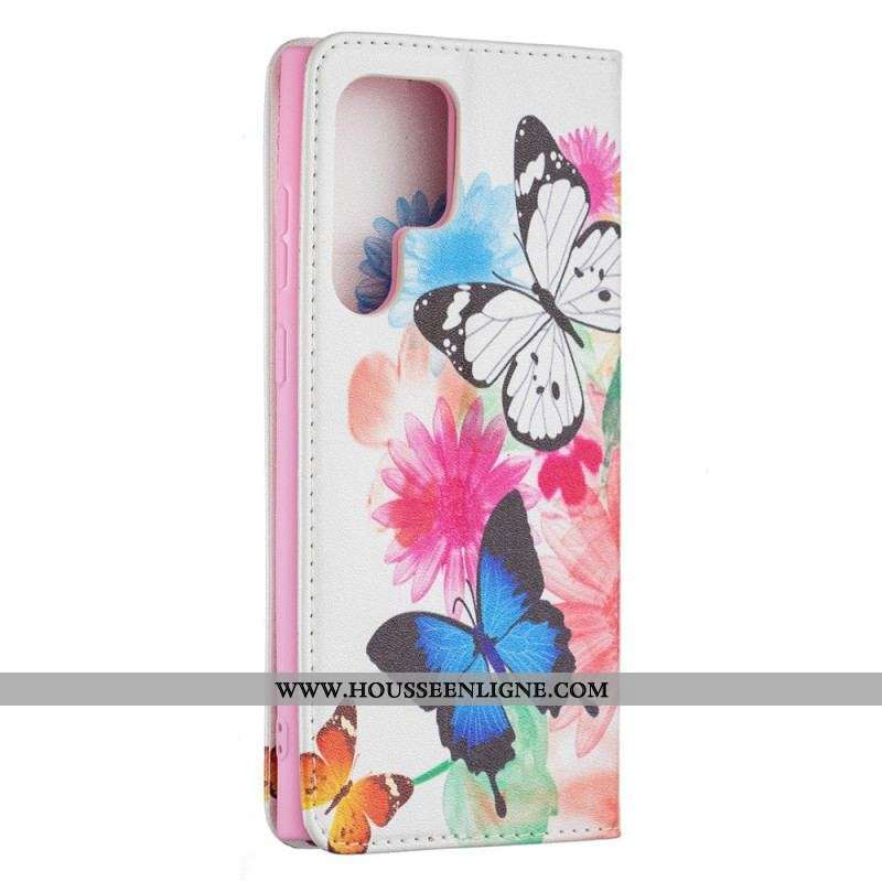 Housse Samsung Galaxy S22 Ultra 5G Papillons et Fleurs Peints