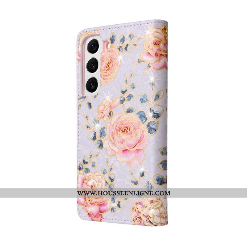 Housse Samsung Galaxy S23 5G Fleurs RFID avec Lanière