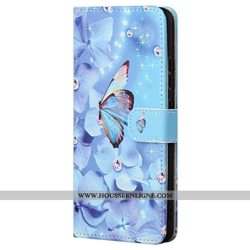 Housse Samsung Galaxy S23 5G Papillons Diamants à Lanière