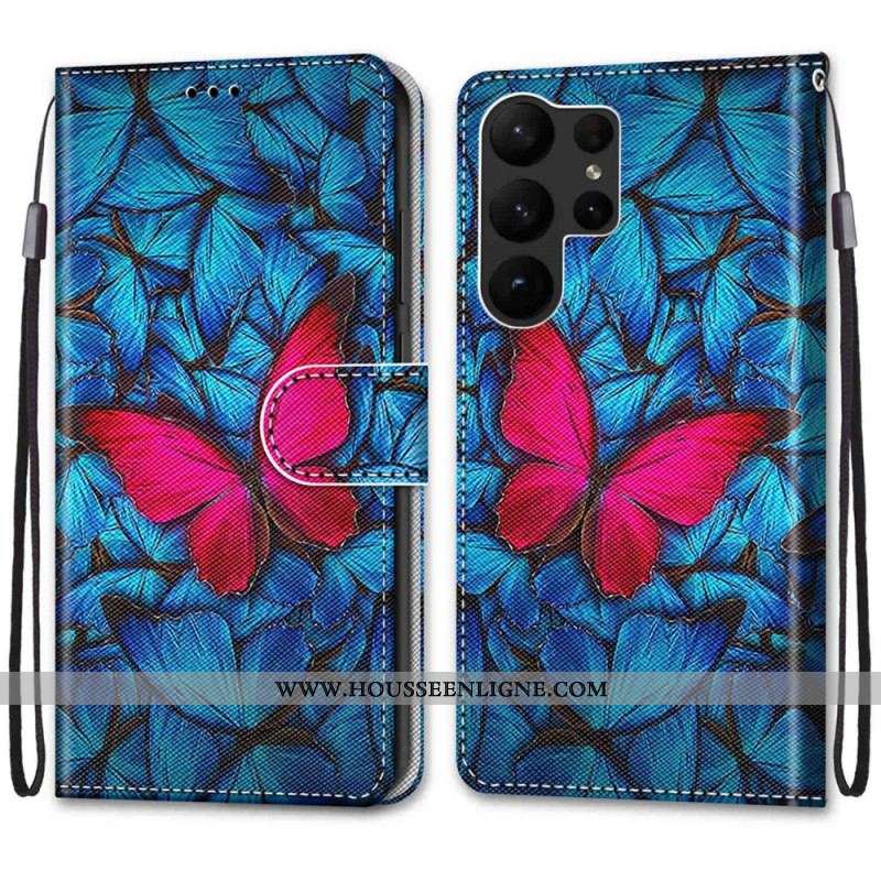 Housse Samsung Galaxy S23 Ultra 5G Papillon Rouge Sur Fond Bleu
