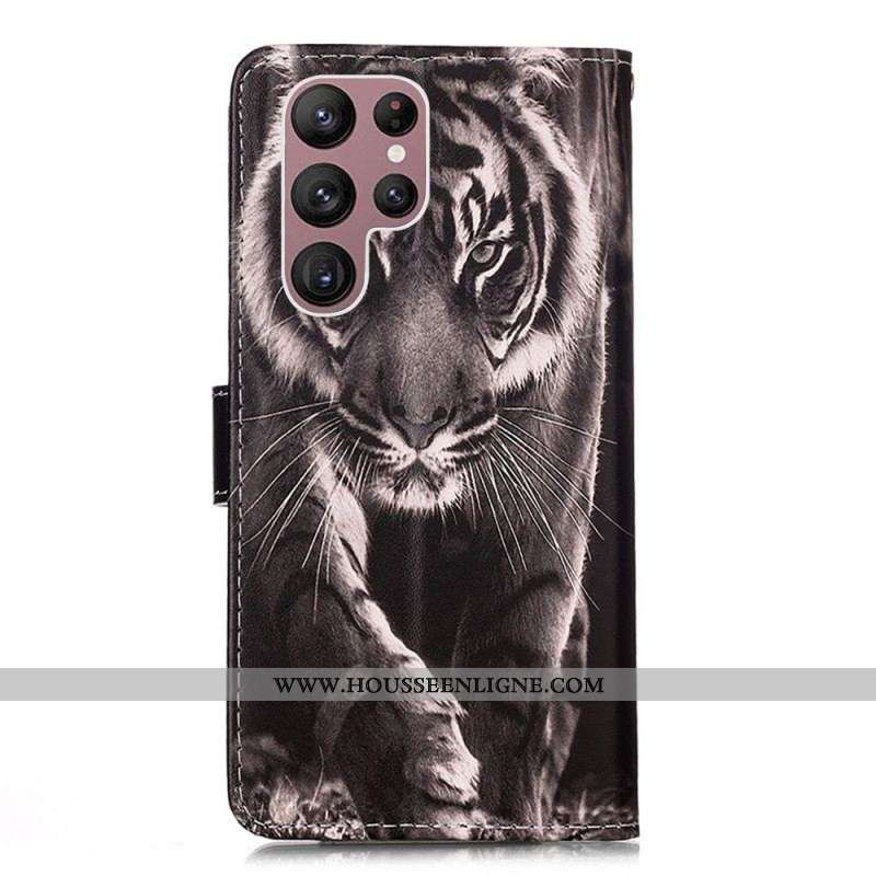 Housse Samsung Galaxy S23 Ultra 5G Tigre de Nuit à Lanière