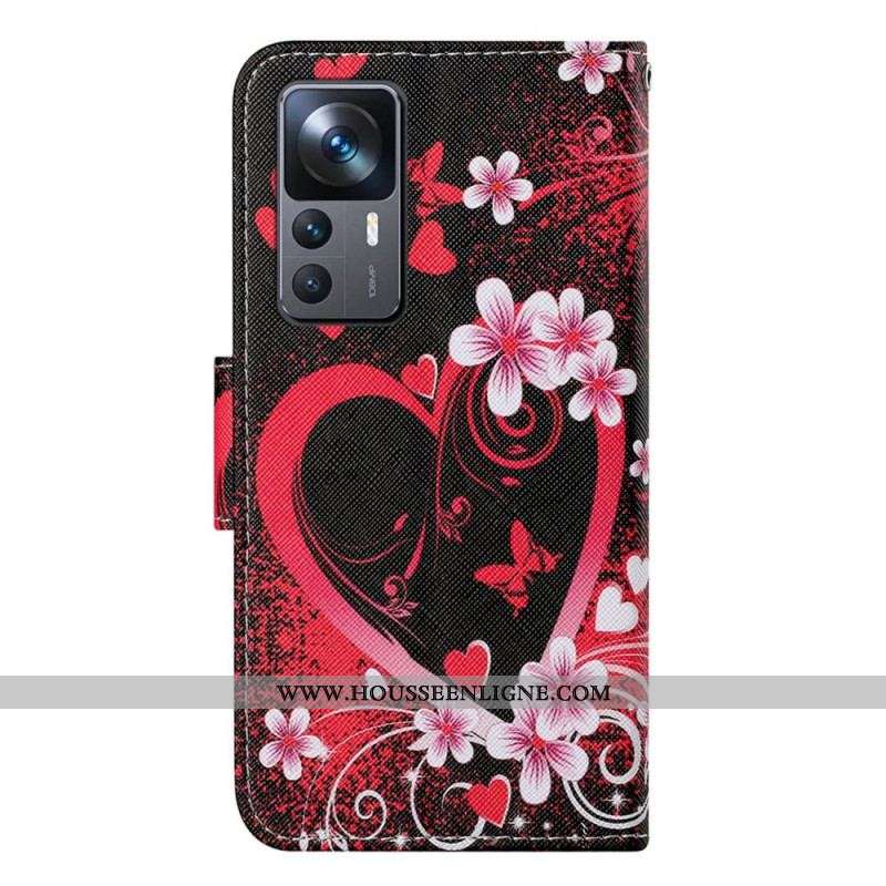 Housse Xiaomi 12T / 12T Pro Fleurs et Coeurs avec Lanière