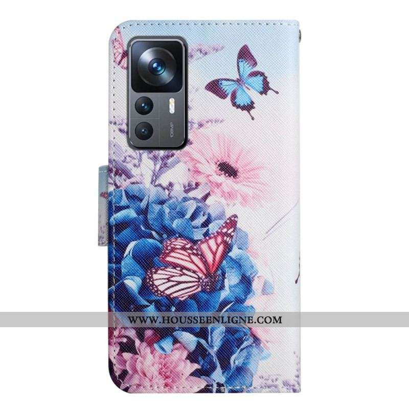 Housse Xiaomi 12T / 12T Pro Papillons aux Fleurs avec Lanière