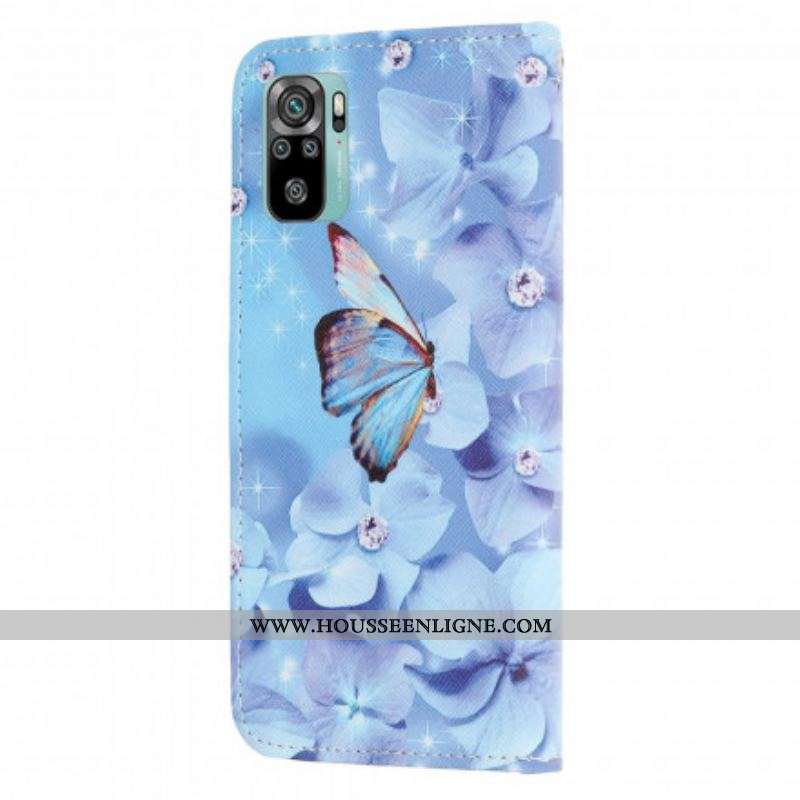 Housse Xiaomi Redmi Note 10/10S/Poco M5s Papillons Diamants à Lanière