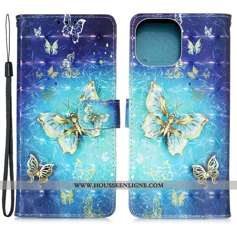 Housse iPhone 13 Mini Papillons Dorés Lanière