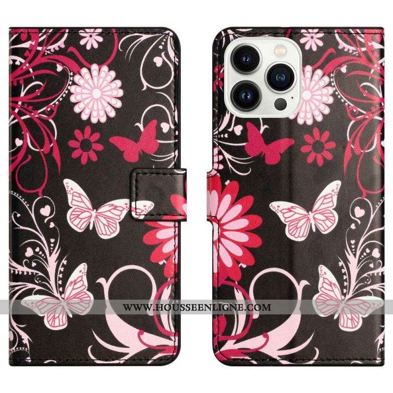 Housse iPhone 14 Pro Papillons Noirs et Blancs