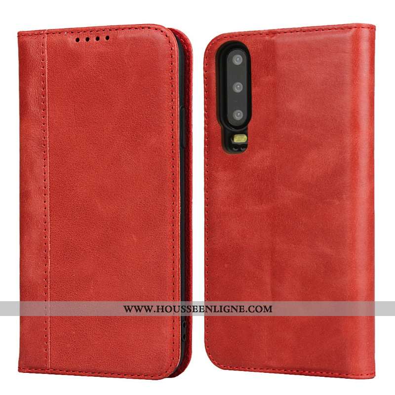 Coque Huawei P30 Cuir Véritable Protection Incassable Étui Téléphone Portable Housse Luxe Rouge