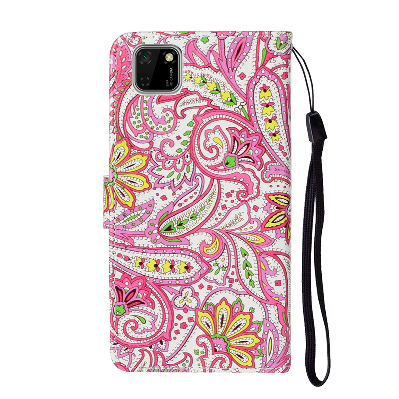 Coque Huawei Y5p Protection Gaufrage Cuir Fleur Téléphone Portable Rouge Étui Rose