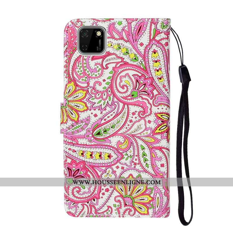 Coque Huawei Y5p Protection Gaufrage Cuir Fleur Téléphone Portable Rouge Étui Rose