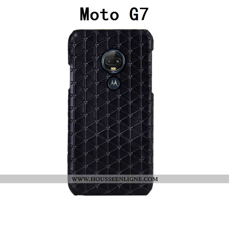 Coque Moto G7 Créatif Cuir Véritable Cuir Bovins Personnalisé Plaid Incassable Noir