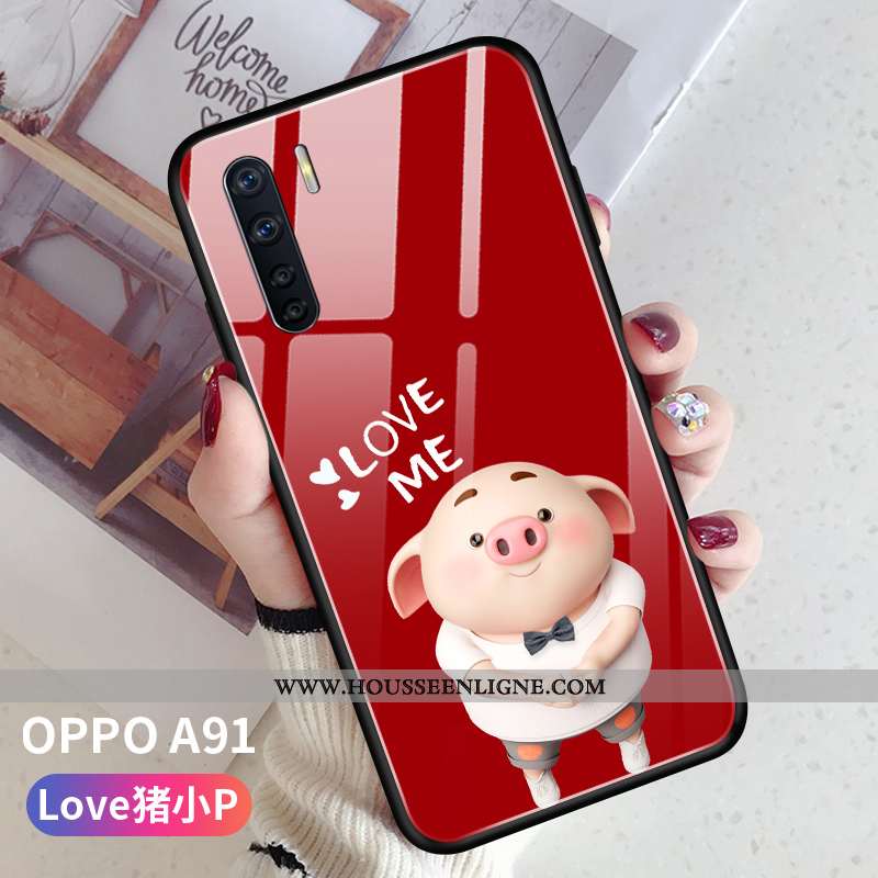 Coque Oppo A91 Créatif Dessin Animé Difficile Rose Verre Protection