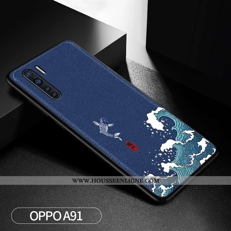 Coque Oppo A91 Silicone Protection Dragon Modèle Fleurie Cuir Étui Net Rouge Bleu Foncé