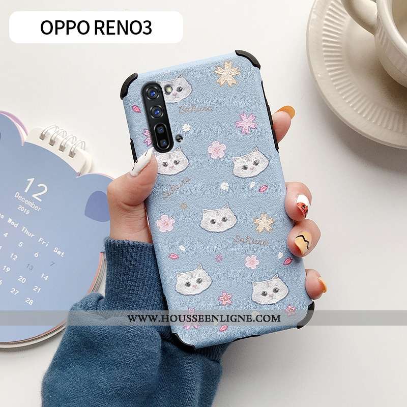 Coque Oppo Reno 3 Dessin Animé Charmant Fleur Silicone Téléphone Portable Incassable Bleu