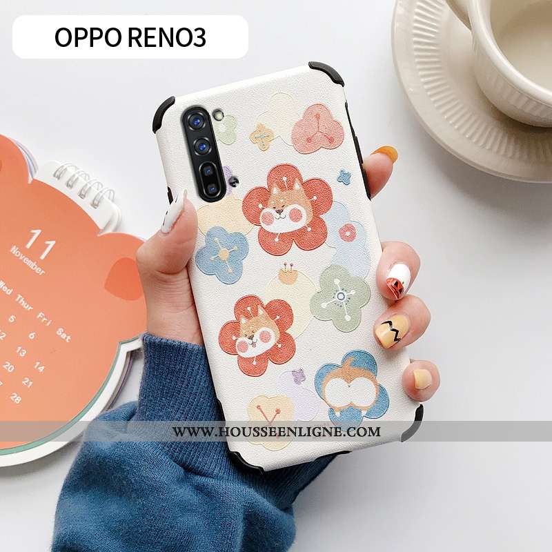 Coque Oppo Reno 3 Dessin Animé Charmant Fleur Silicone Téléphone Portable Incassable Bleu
