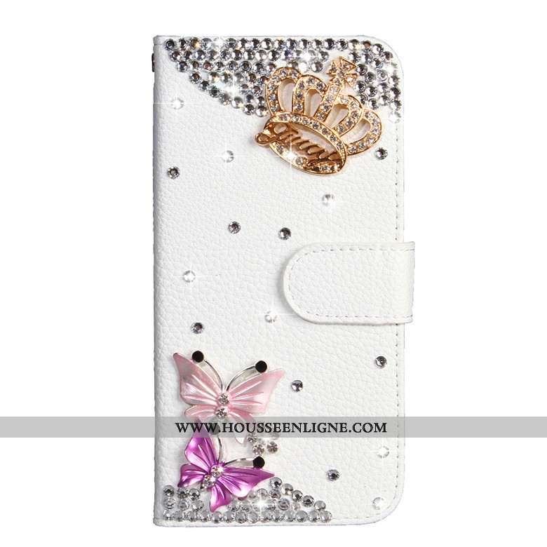 Coque Samsung Galaxy A50s Cuir Protection Fleurs De Papillons Strass Housse Blanc Blanche