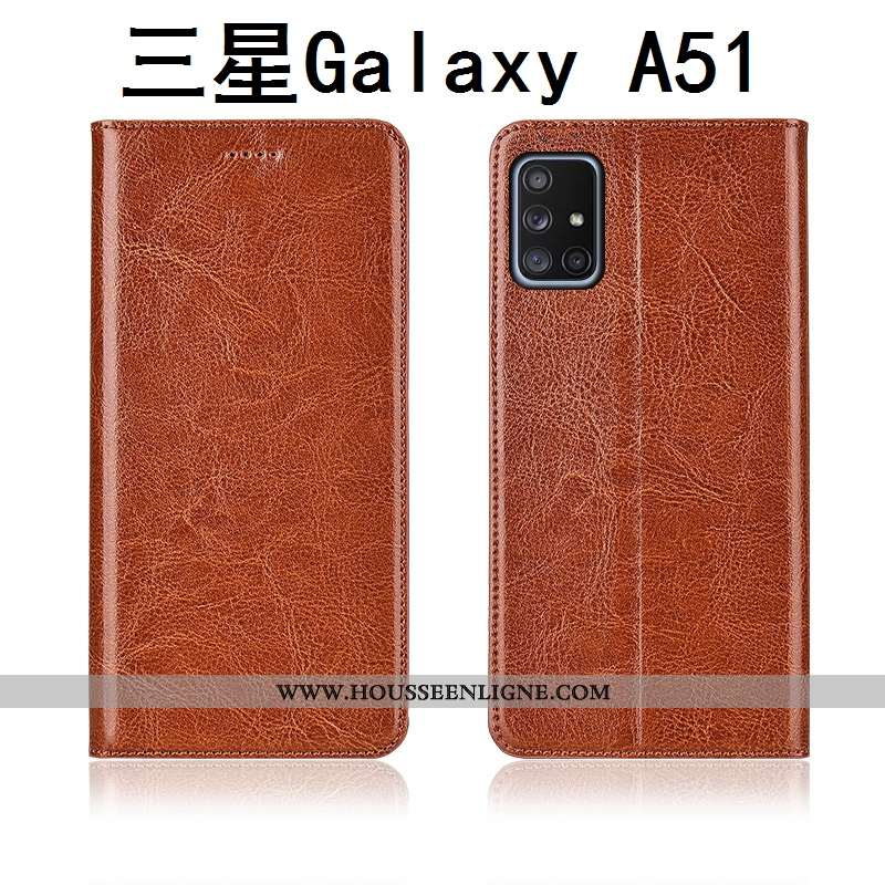 Coque Samsung Galaxy A51 Délavé En Daim Cuir Véritable Nouveau Modèle Fleurie Marron Clamshell