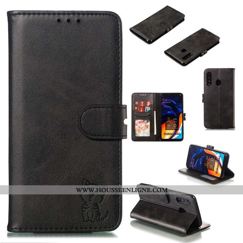Coque Samsung Galaxy A60 Cuir Protection Téléphone Portable Bovins Étui Étoile Noir