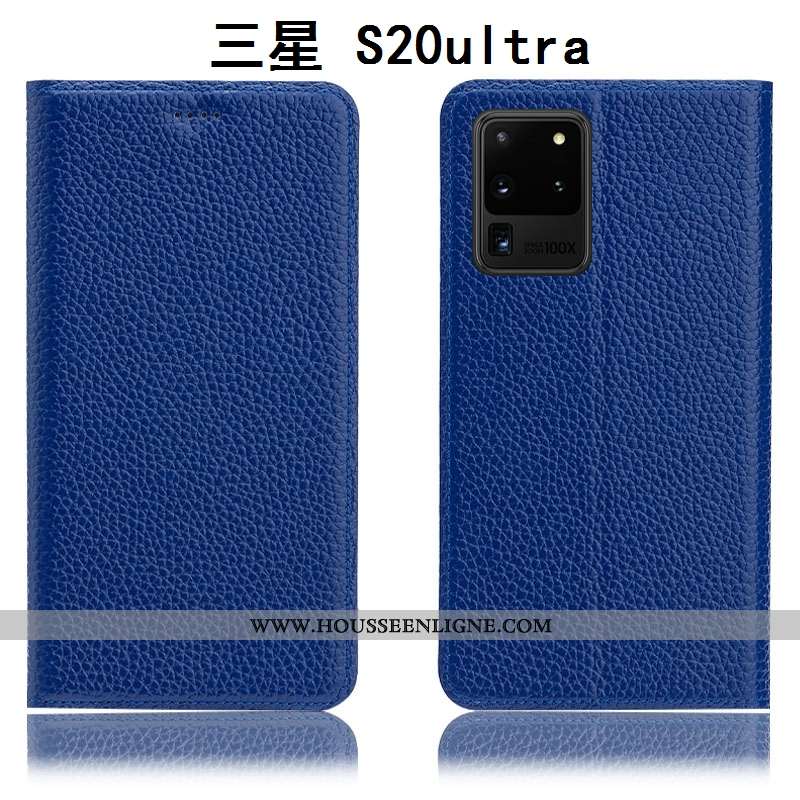 Coque Samsung Galaxy S20 Ultra Protection Cuir Véritable Étui Litchi Étoile Housse Bleu