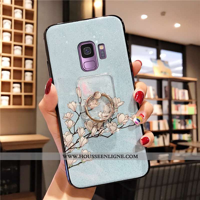 Coque Samsung Galaxy S9 Silicone Fluide Doux Anneau Luxe Téléphone Portable Style Chinois Bleu