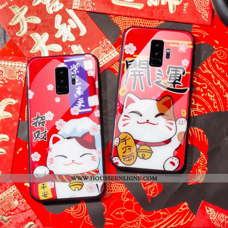Coque Samsung Galaxy S9+ Verre Dessin Animé Chat Charmant Protection Silicone Rouge