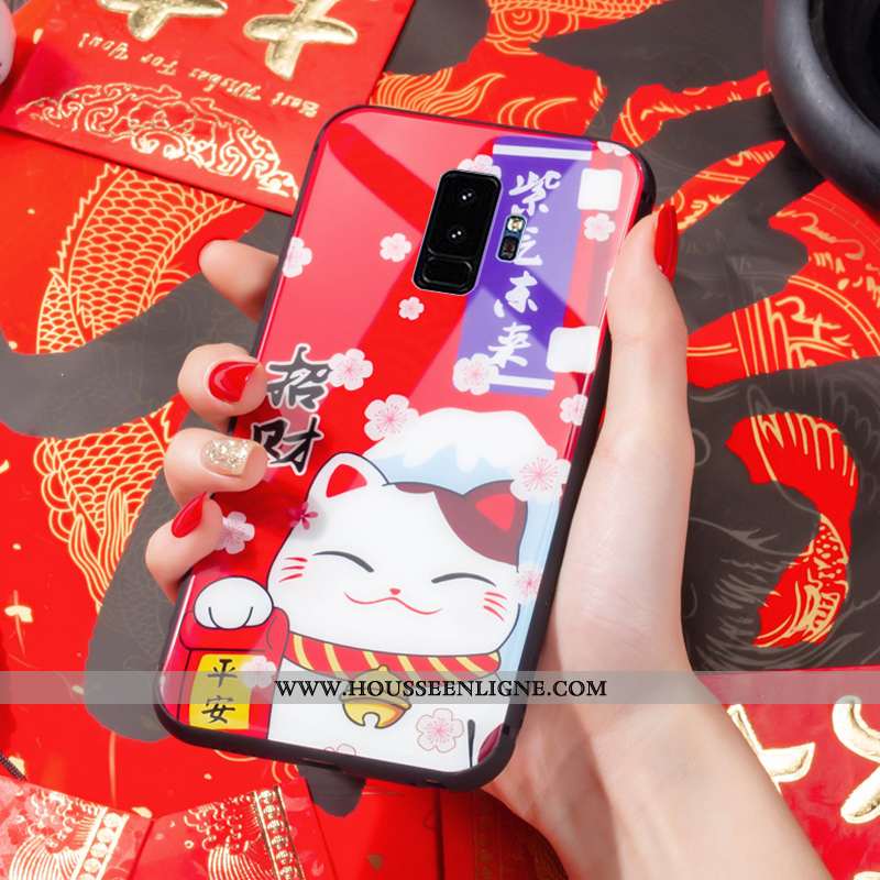 Coque Samsung Galaxy S9+ Verre Dessin Animé Chat Charmant Protection Silicone Rouge
