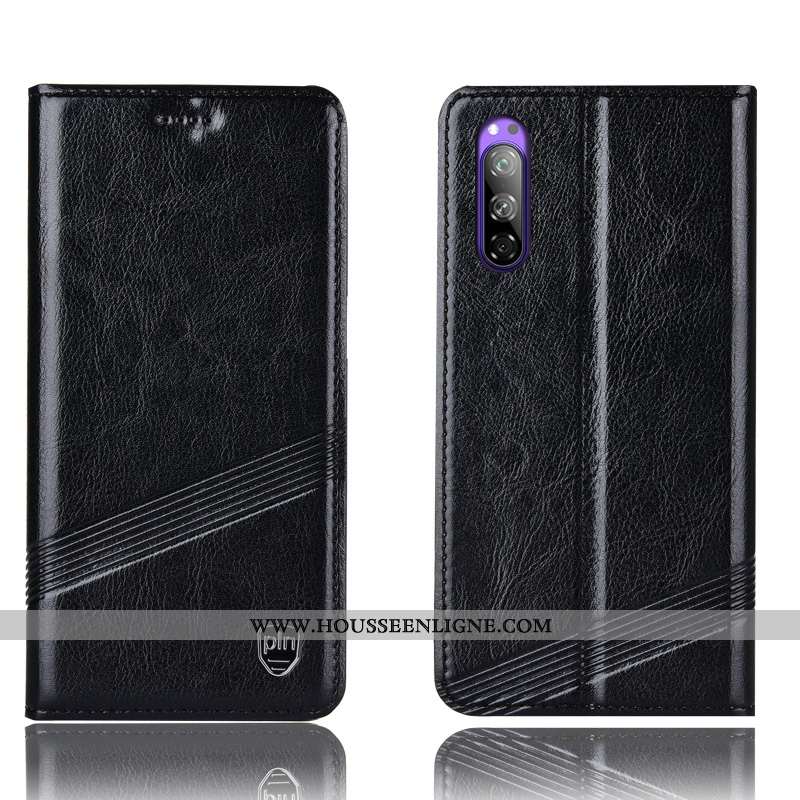 Coque Sony Xperia 5 Protection Cuir Véritable Téléphone Portable Housse Incassable Noir Modèle Fleur