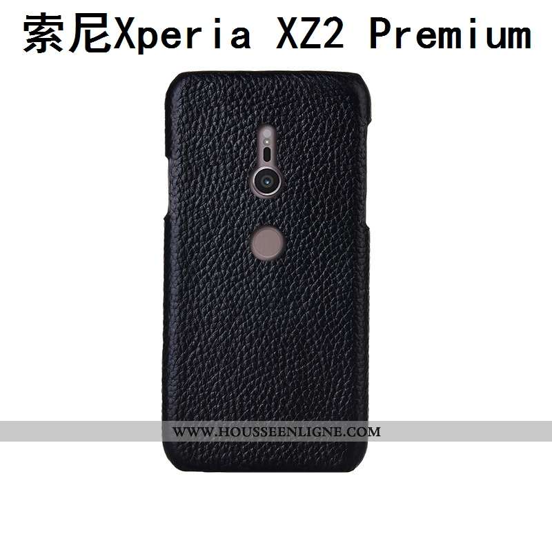 Coque Sony Xperia Xz2 Premium Cuir Véritable Cuir Litchi Mode Personnalisé Noir Incassable