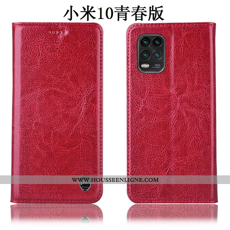 Coque Xiaomi Mi 10 Lite Protection Cuir Véritable Modèle Fleurie Téléphone Portable Rouge Housse