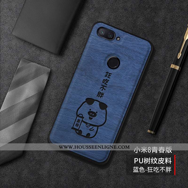 Coque Xiaomi Mi 8 Lite Tendance Cuir Incassable Silicone Tout Compris Tempérer Difficile Bleu