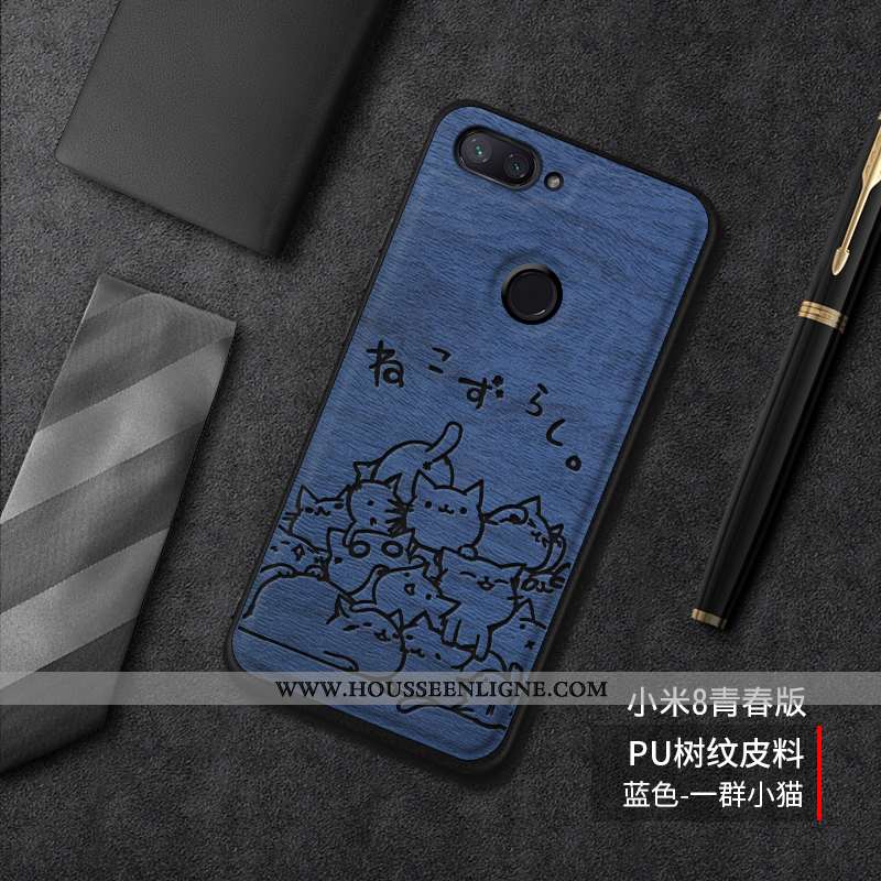 Coque Xiaomi Mi 8 Lite Tendance Cuir Incassable Silicone Tout Compris Tempérer Difficile Bleu