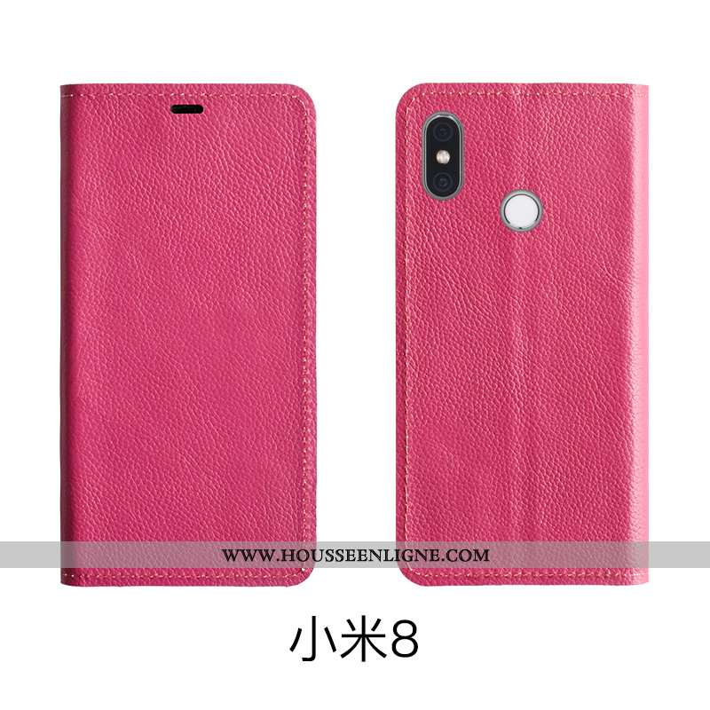 Coque Xiaomi Mi 8 Protection Cuir Véritable Étui Rouge Modèle Fleurie Housse Rose
