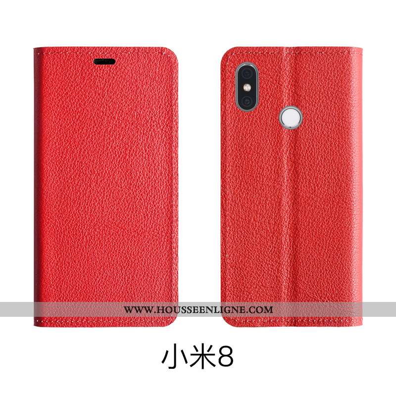 Coque Xiaomi Mi 8 Protection Cuir Véritable Étui Rouge Modèle Fleurie Housse Rose