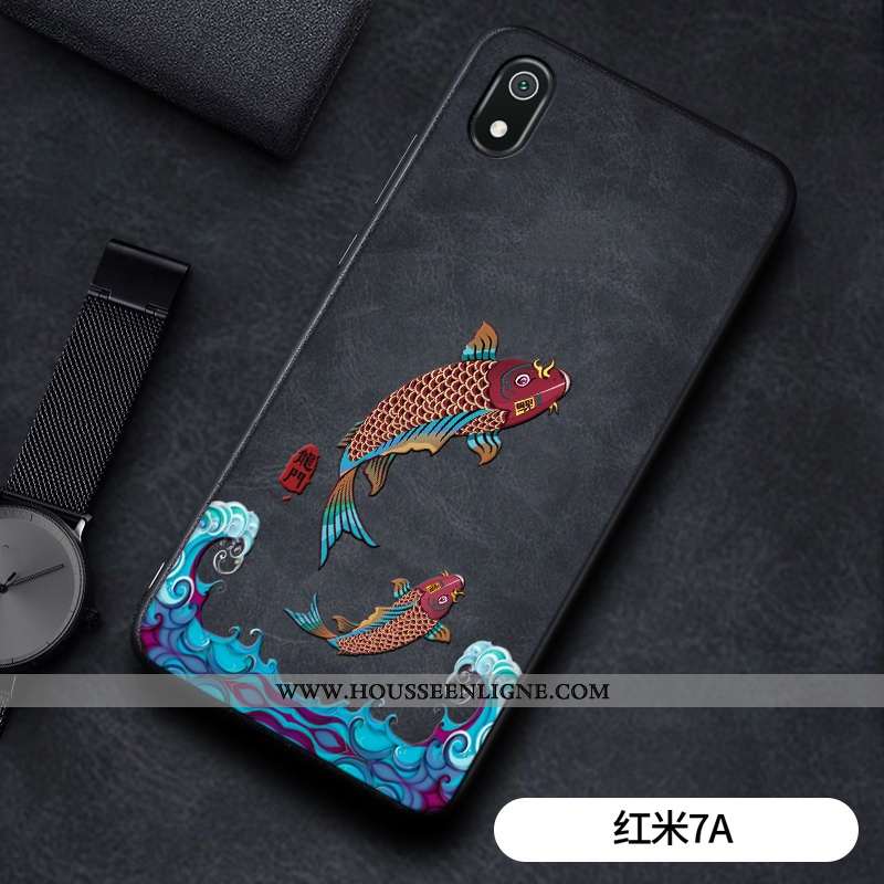 Coque Xiaomi Redmi 7a Gaufrage Vintage Style Chinois Net Rouge Rouge Dragon Protection Noir