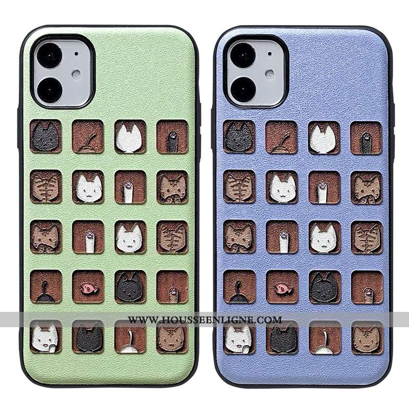 Coque iPhone 11 Charmant Ornements Suspendus Dessin Animé Chat Gaufrage Violet Dimensionnel Verte