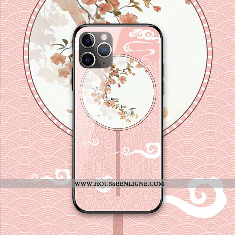 Coque iPhone 11 Pro Max Protection Verre Palais Style Chinois Téléphone Portable Fleur Rose