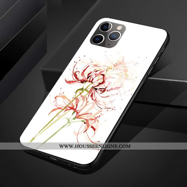 Coque iPhone 11 Pro Max Protection Verre Silicone Téléphone Portable Style Chinois Art Fleur Blanche