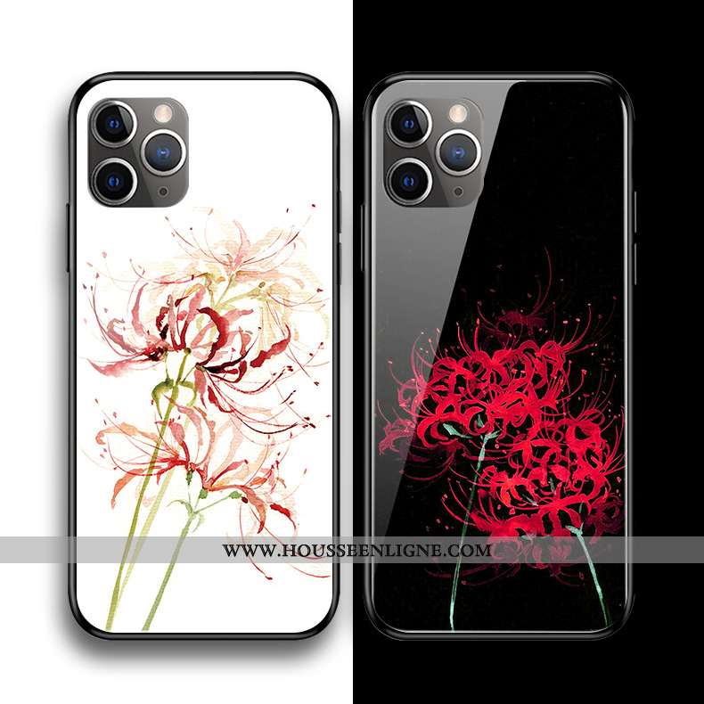 Coque iPhone 11 Pro Max Protection Verre Silicone Téléphone Portable Style Chinois Art Fleur Blanche