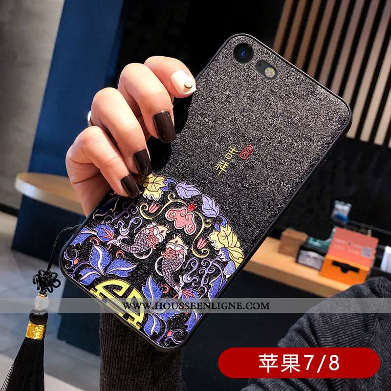 Coque iPhone 7 En Silicone Protection Soie Mulberry Cuir Noir Ornements Suspendus Gaufrage