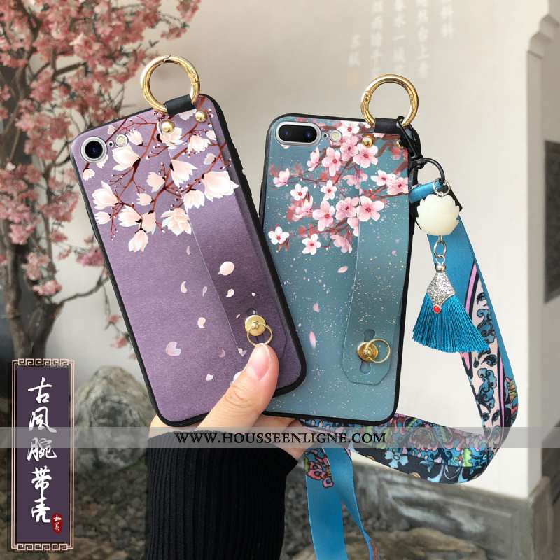 Coque iPhone 8 Cou Suspendu Tendance Fluide Doux Fleur De Pêche Violet Style Chinois Fleur