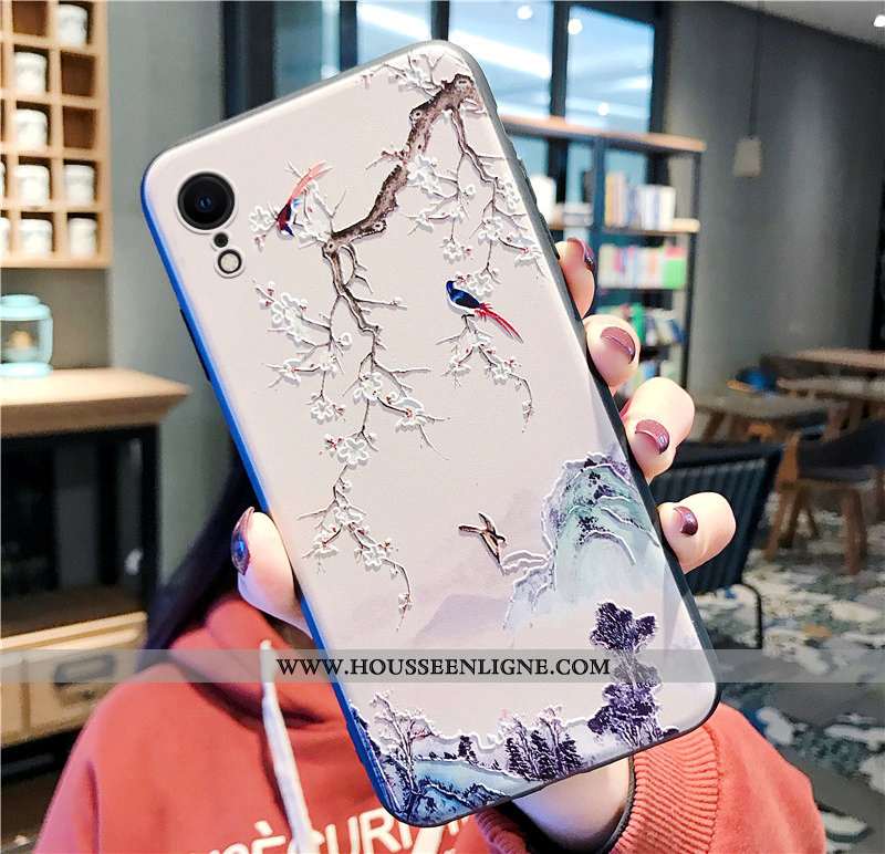 Coque iPhone Xr Gaufrage Charmant Style Chinois Incassable Téléphone Portable Petit Amoureux Beige