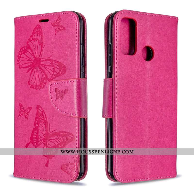 Housse Huawei P Smart 2020 Cuir Protection Étui Gaufrage Couleur Unie Papillon Téléphone Portable Ro