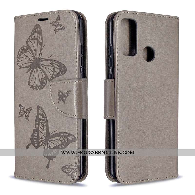 Housse Huawei P Smart 2020 Cuir Protection Étui Gaufrage Couleur Unie Papillon Téléphone Portable Ro